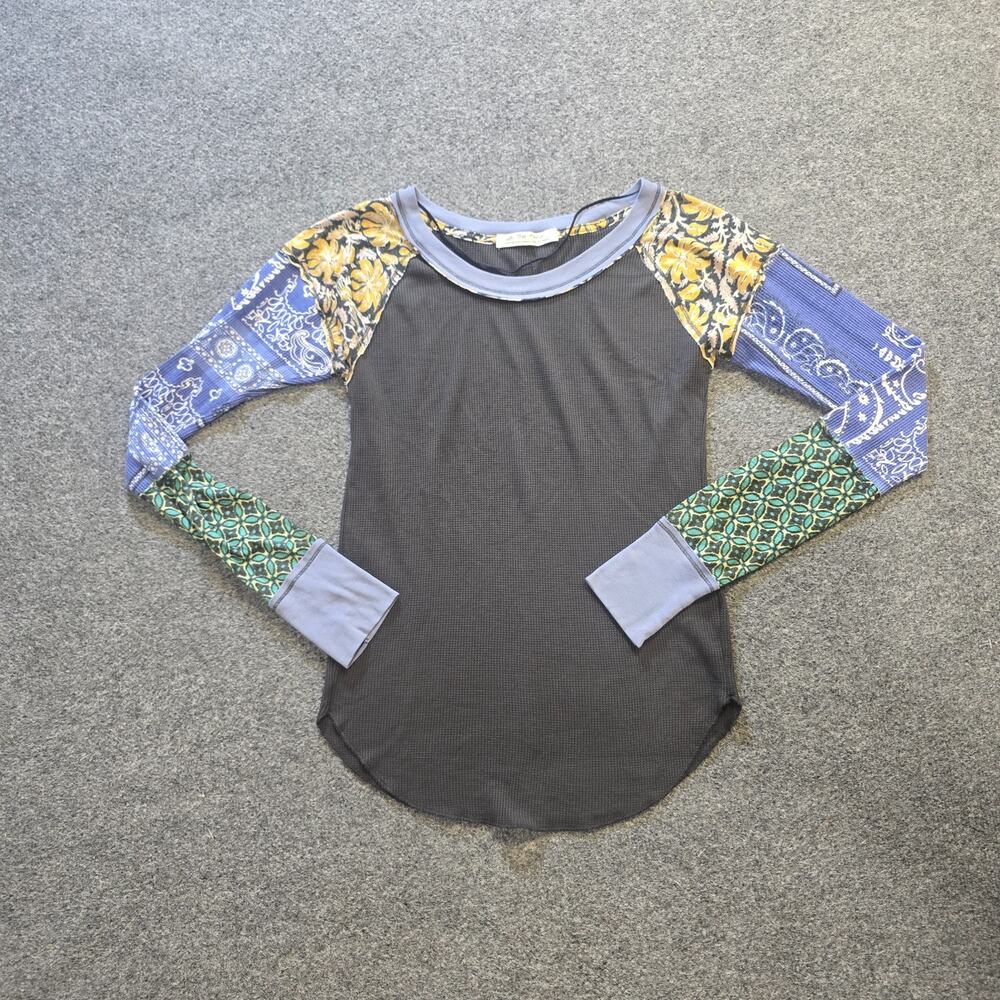 Free People Top Womens Medium Gray Blue Pactchwork Sleeve Thermal Casual Boho